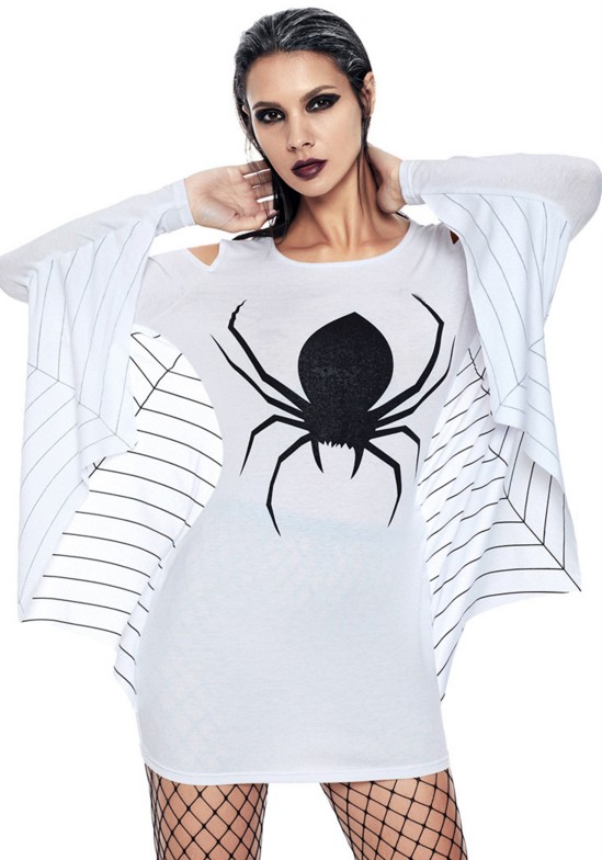 BY89052-1 Spider Costume Women White Spiderweb Jersey Tunic Dress Plus size